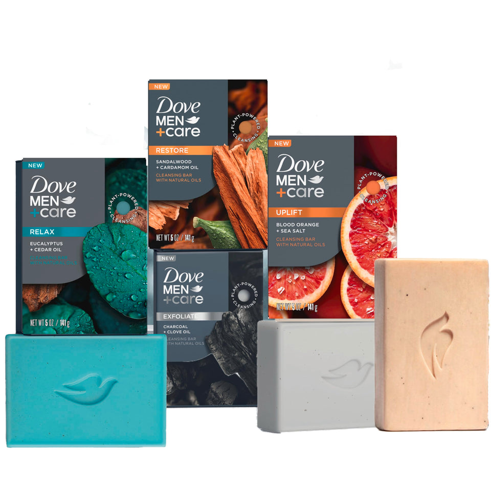 Dove Men+Care front packaging showing four bars and clear brand benefits