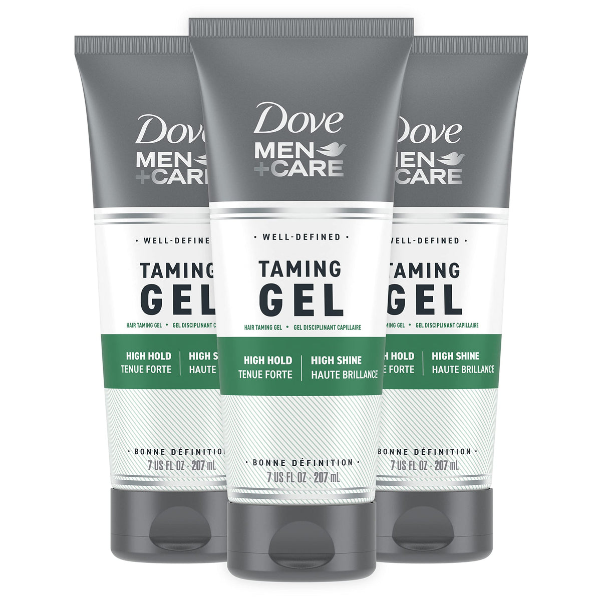 Dove Men+Care front packaging showing three 7 oz tubes and clear branding benefits