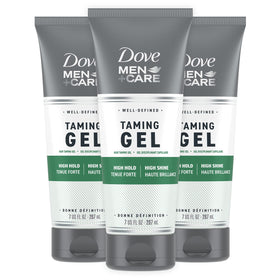 Dove Men+Care front packaging showing three 7 oz tubes and clear branding benefits