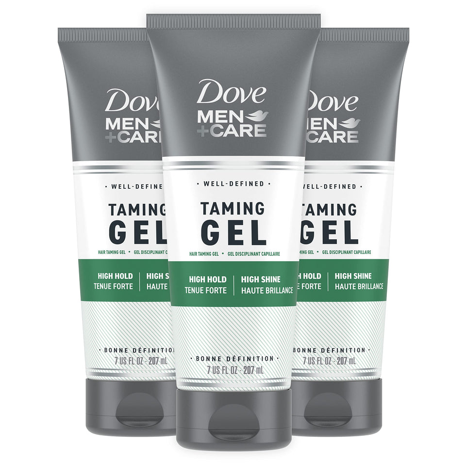 Dove Men+Care front packaging showing three 7 oz tubes and clear branding benefits
