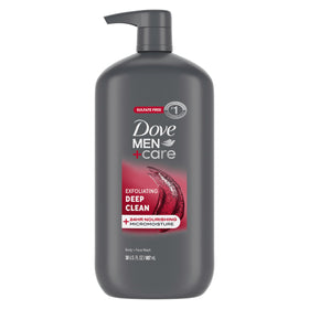 DOVE MEN + CARE front pump bottle showing label and 30 oz size for easy dispensing