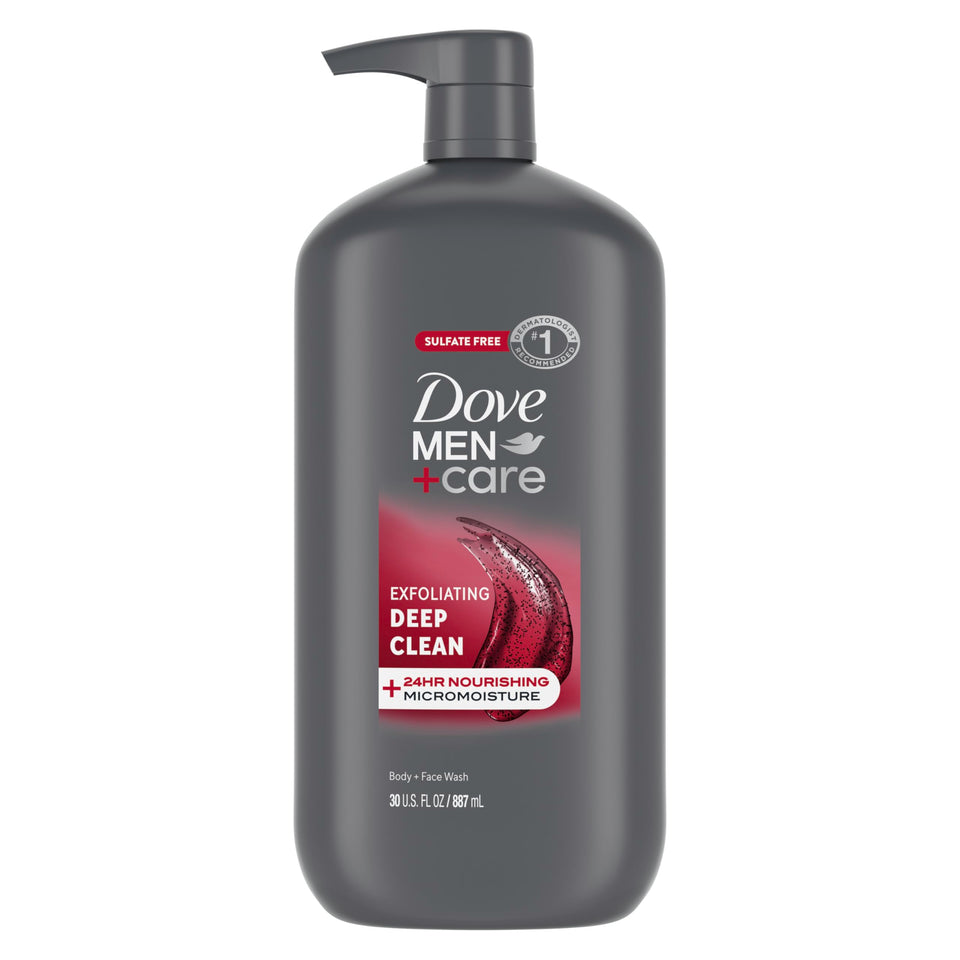 DOVE MEN + CARE front pump bottle showing label and 30 oz size for easy dispensing