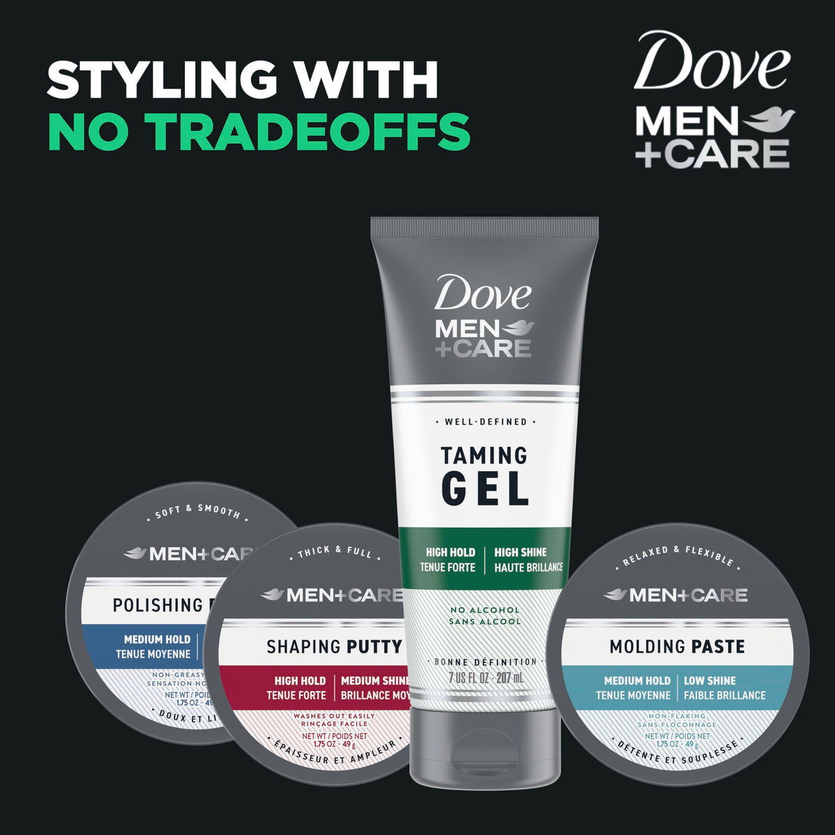Dove Men+Care gel on bathroom counter as part of a quick morning grooming routine