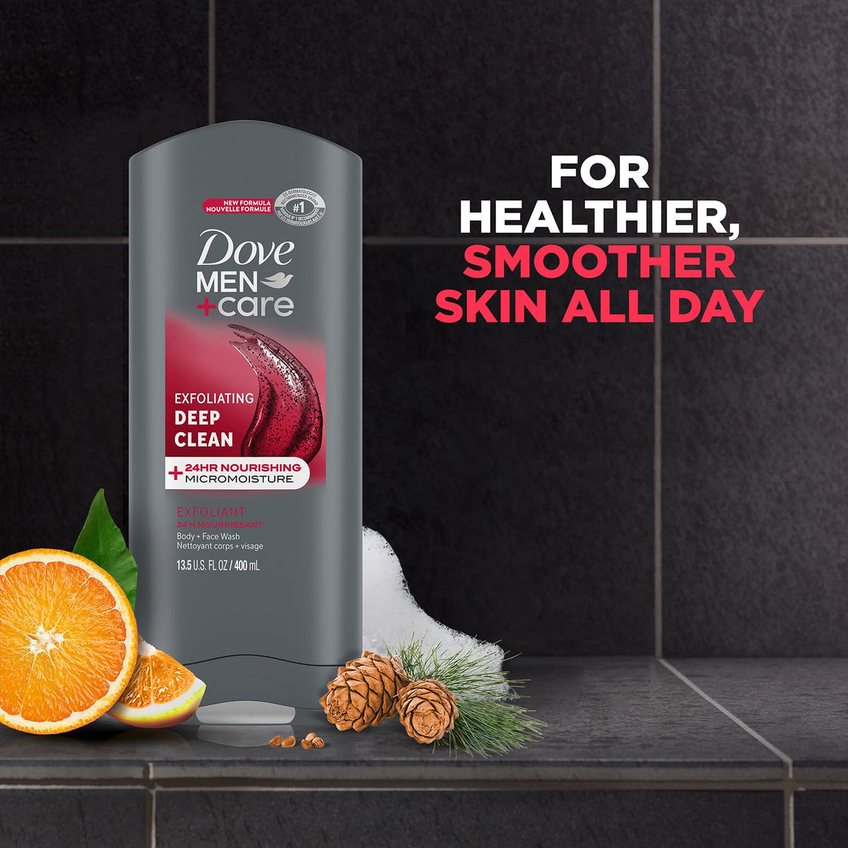 Dove Men+Care lather in shower demonstrating effective cleansing