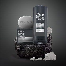 Dove Men+Care ingredient label detail highlighting charcoal, clay, and moisturizers