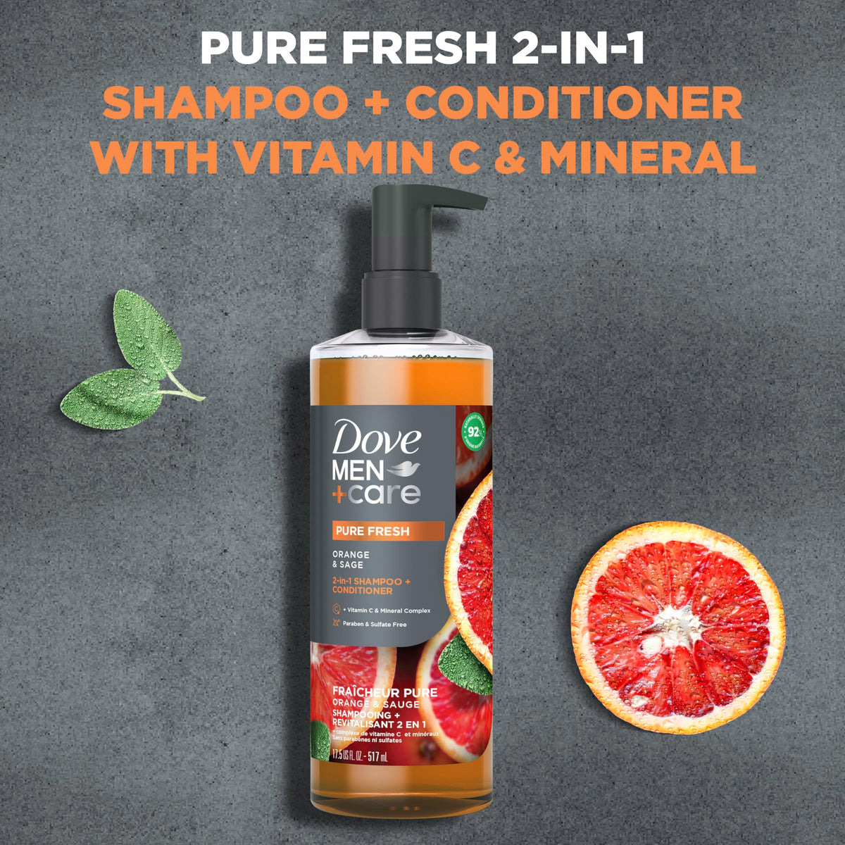 DOVE MEN + CARE label close-up showing vitamin C and mineral complex benefits