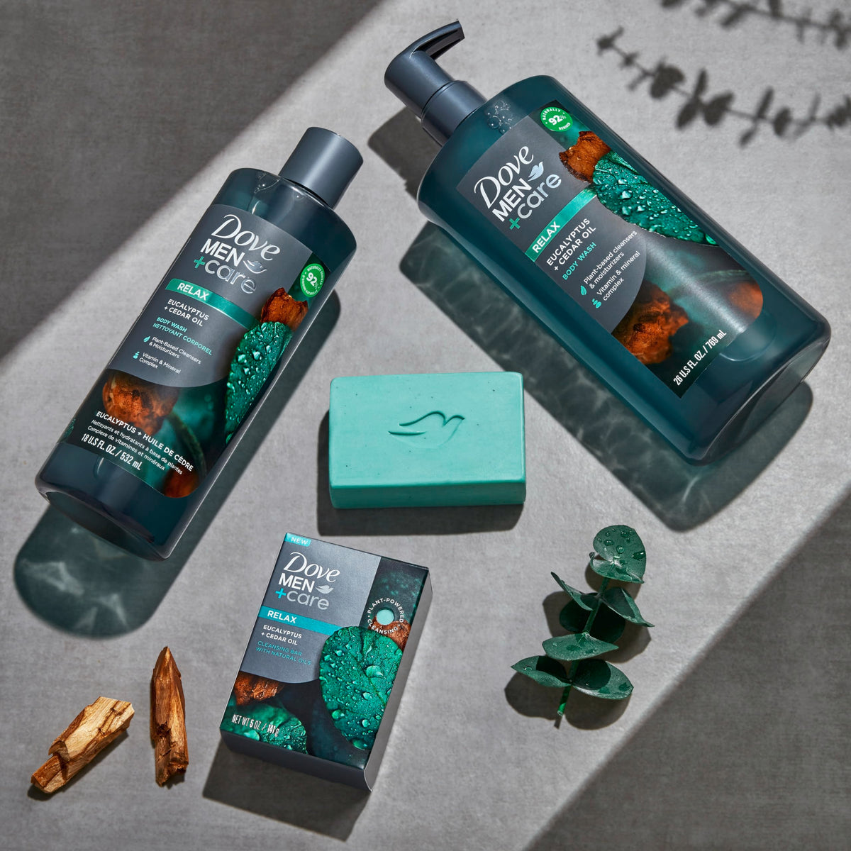 DOVE MEN + CARE bar on bathroom shelf in lifestyle setting for routine appeal