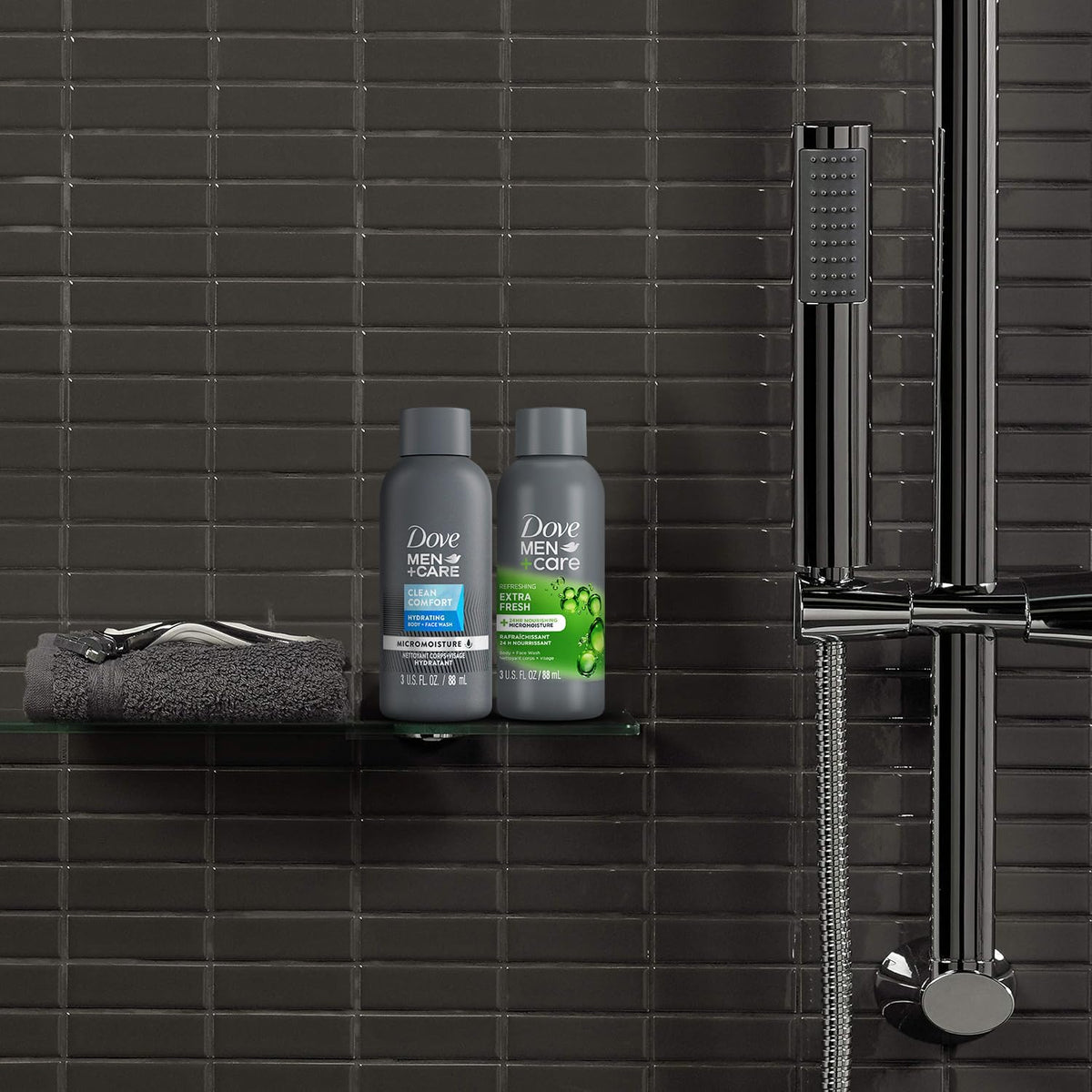 Dove Men+Care bottles staged on bathroom shelf showing everyday grooming benefit