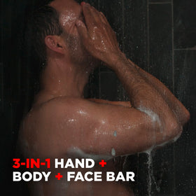 Dove Men+Care bar in shower setting illustrating refreshing skin comfort