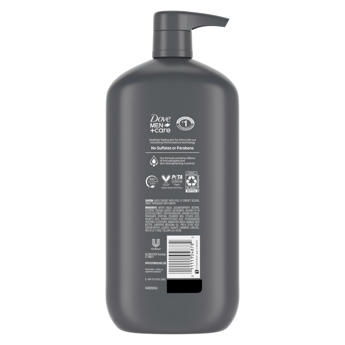 DOVE MEN + CARE label and pump close-up showing clear instructions benefit