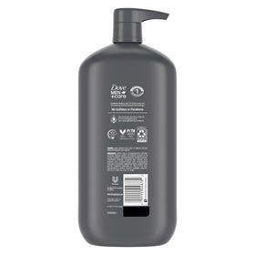 DOVE MEN + CARE label and pump close-up showing clear instructions benefit
