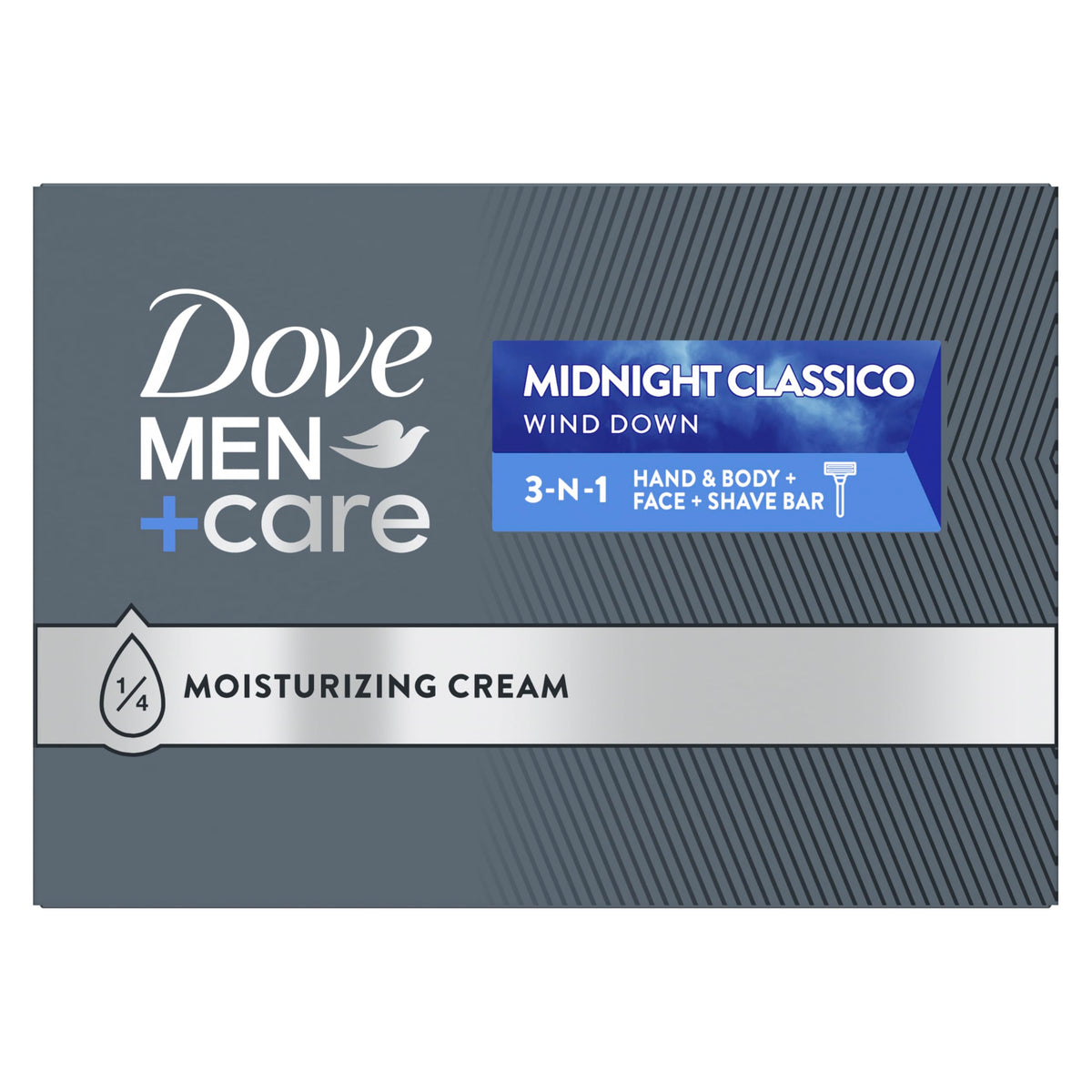 Dove Men+Care front packaging showing 10-count box and product benefit