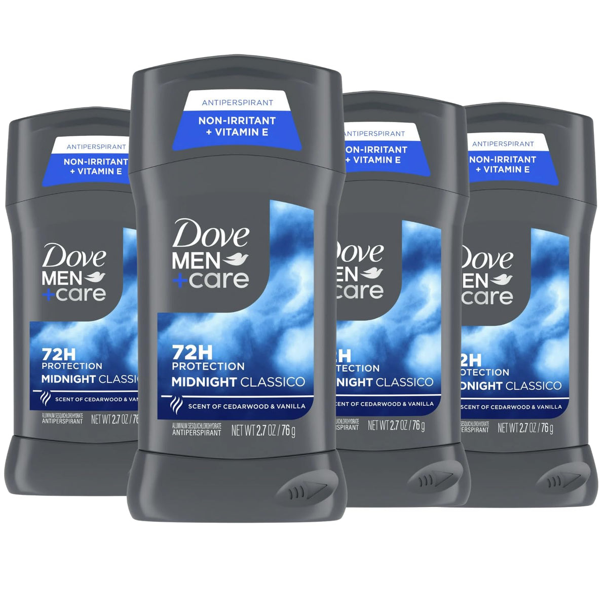 Dove Men+Care front packaging showing four sticks and clear branding for reliable protection