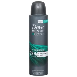 Dove Men+Care front can showing Moon Oasis branding and 72H protection benefit