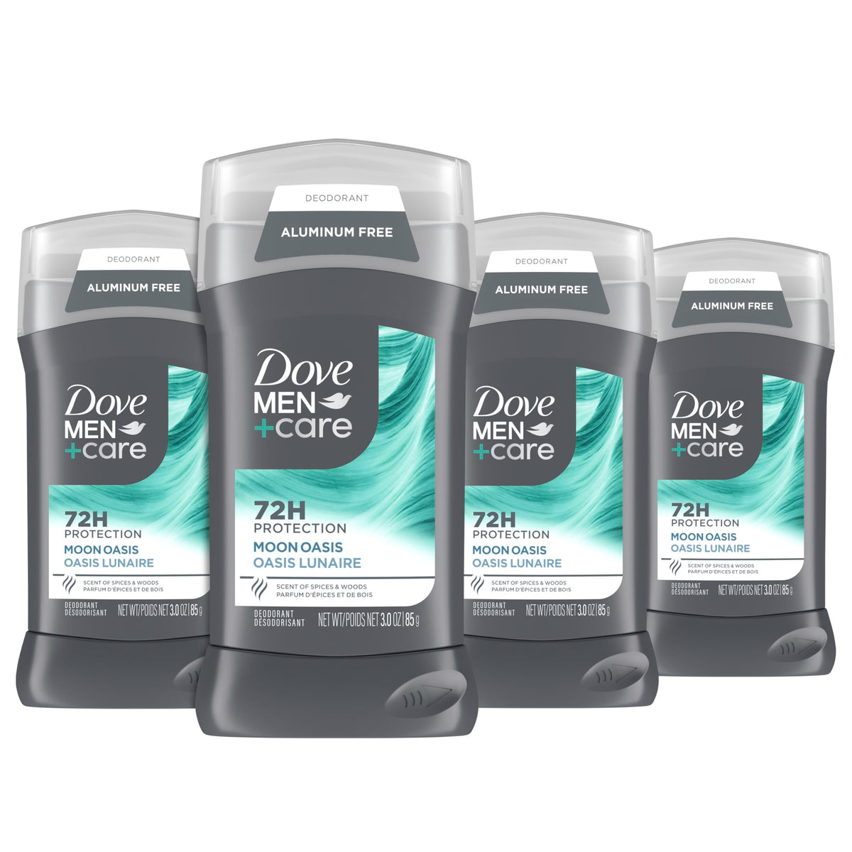 Dove Men+Care front packaging showing four Moon Oasis deodorant sticks and benefits