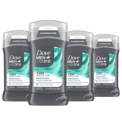 Dove Men+Care front packaging showing four Moon Oasis deodorant sticks and benefits
