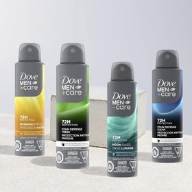 Dove Men+Care spray in motion demonstrating instant-dry application benefit