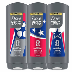 DOVE MEN + CARE pack front view showing three limited edition bottles and FIFA branding