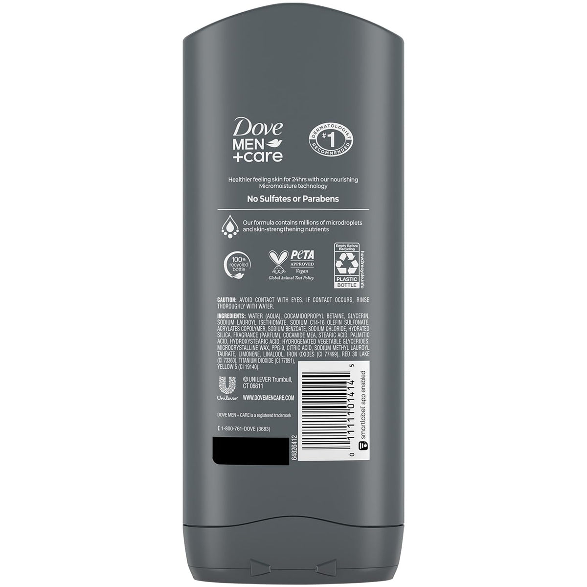 Dove Men+Care label close-up highlighting ingredients and claims
