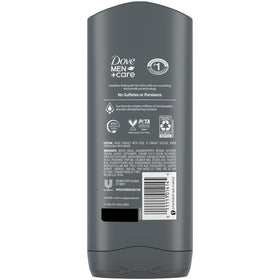 Dove Men+Care label close-up highlighting ingredients and claims