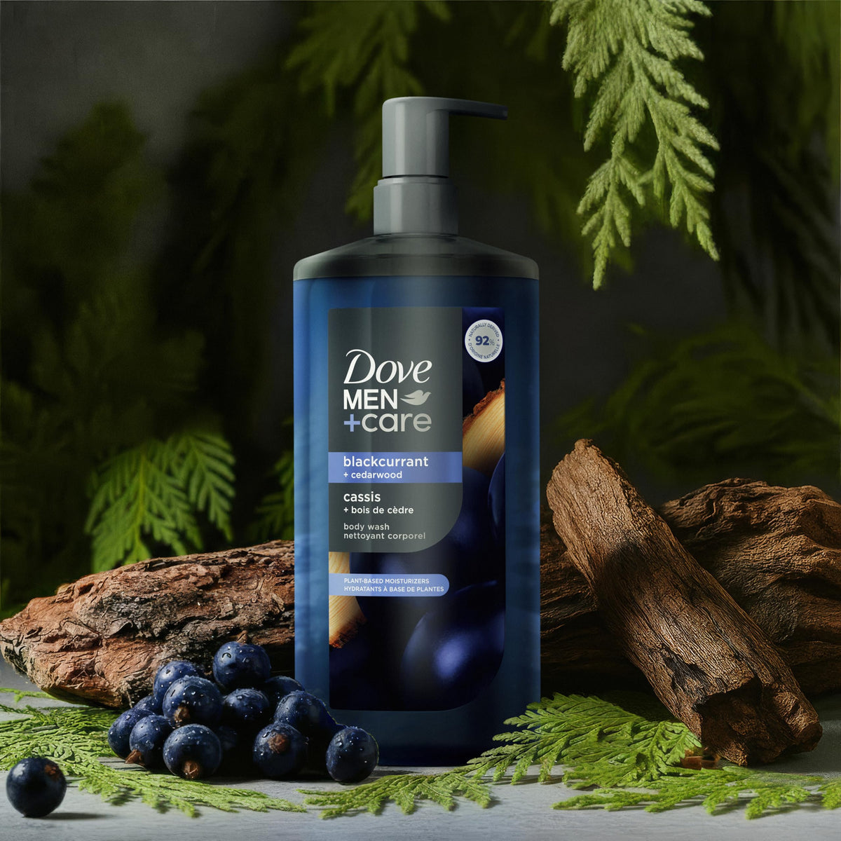 Dove Men+Care pump detail with clear labeling for easy dispensing