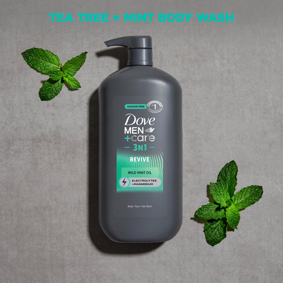 DOVE MEN + CARE bottle with recycled-plastic mark signaling sustainability