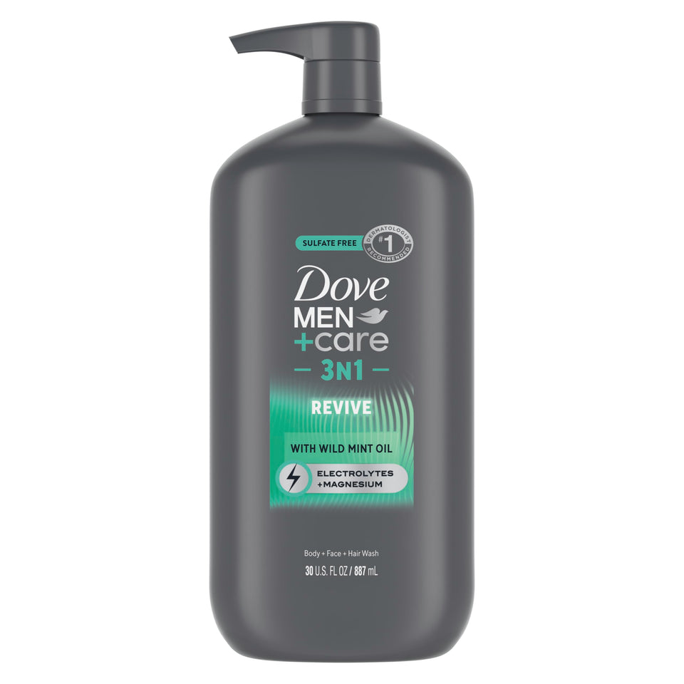DOVE MEN + CARE front packaging showing clean 30 oz bottle and brand