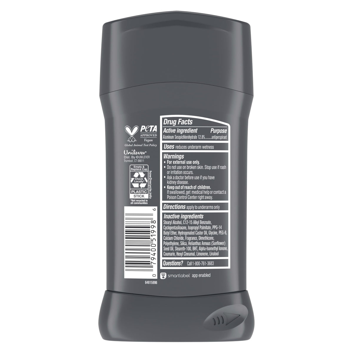 DOVE MEN + CARE open stick showing solid applicator for quick, no-mess application