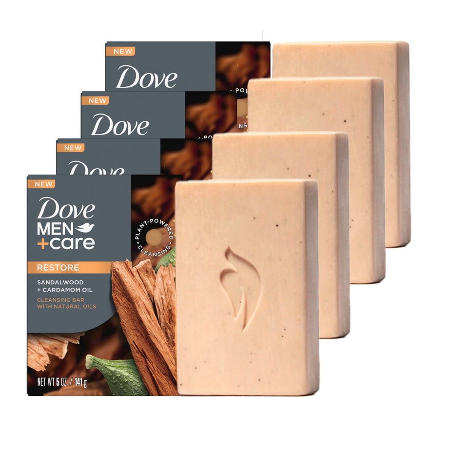 DOVE MEN + CARE front packaging showing four bars and scent benefit