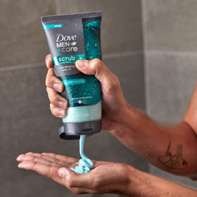 DOVE MEN + CARE creamy scrub lather illustrating moisturizing finish