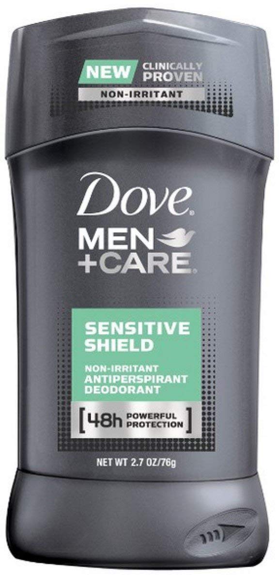 Dove Men+Care front packaging showing sensitive shield and benefit of gentle 48-hour protection