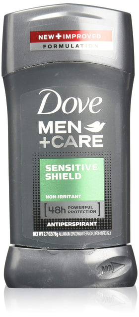 Dove Men+Care Sensitive Shield front packaging showing four sticks and easy storage benefit