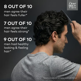 Dove Men+Care shampoo being poured in shower showing easy use