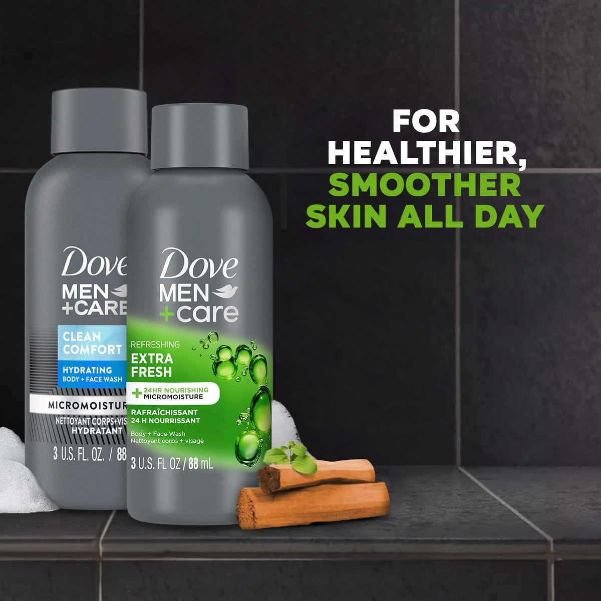 Dove Men+Care bottles next to passport and toiletry for clear size comparison