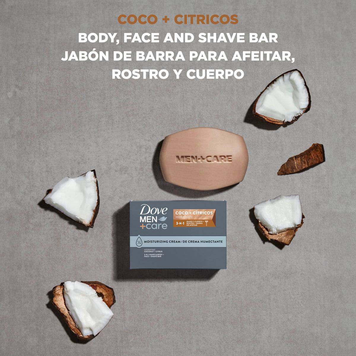 Dove Men+Care size comparison with hand showing portable grooming benefit