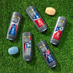 DOVE MEN + CARE size comparison with hand to show bottle scale and everyday convenience