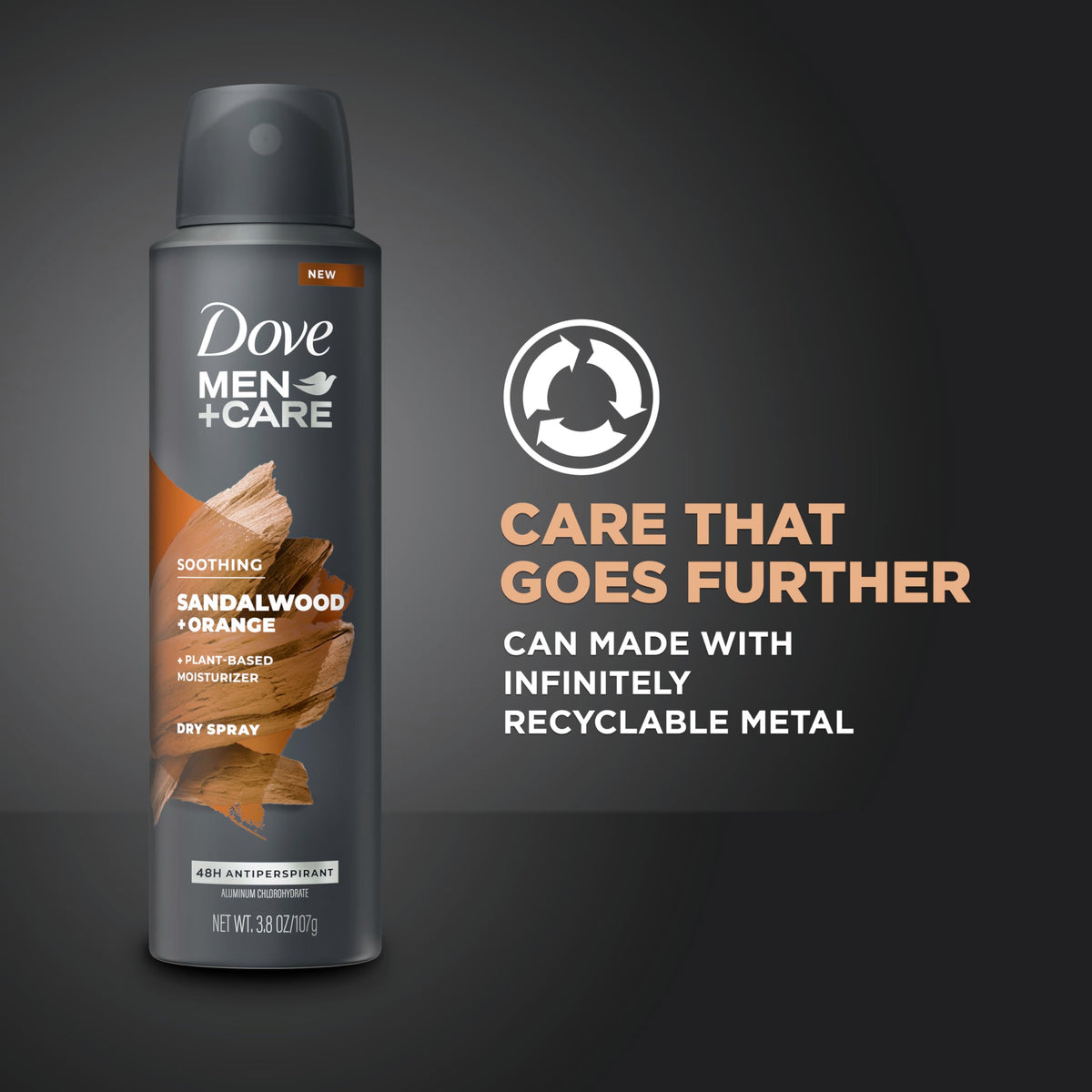 Dove Men+Care spray nozzle detail demonstrating fast-dry application and precise coverage