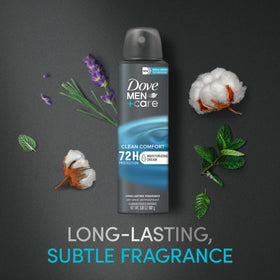 Dove Men+Care dry spray applied on underarm skin showing quick-dry comfort