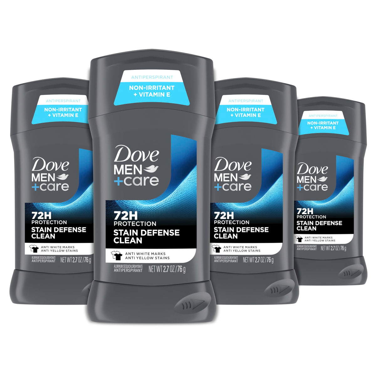 Dove Men+Care front packaging showing four sticks and product benefit