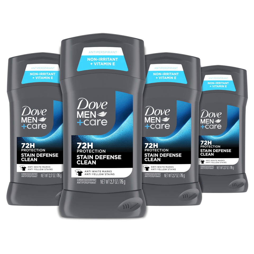 Dove Men+Care front packaging showing four sticks and product benefit