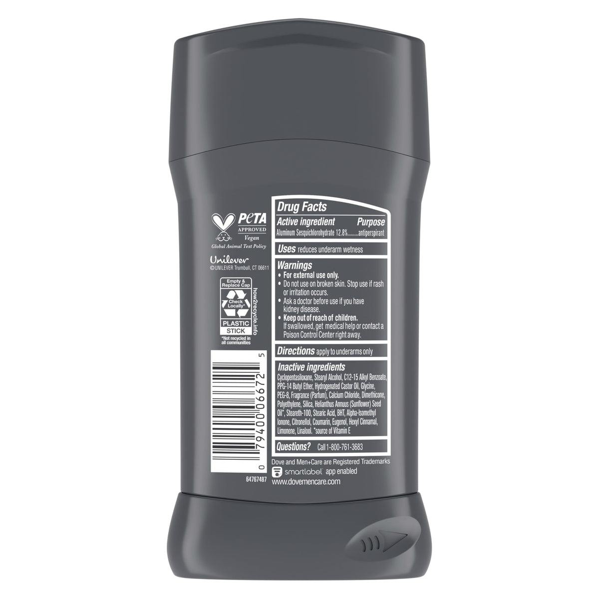 DOVE MEN + CARE antiperspirant stick angled with cap off showing product form and application ease