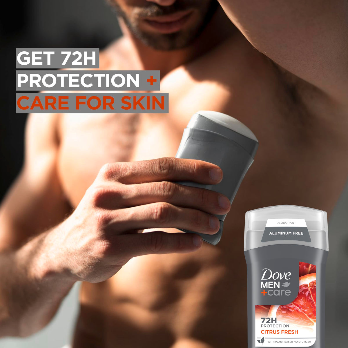 DOVE MEN + CARE stick in hand for size comparison and easy application benefit