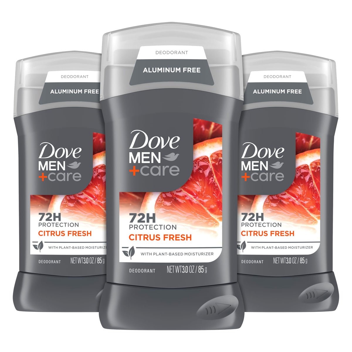 DOVE MEN + CARE front packaging showing three sticks and citrus benefit