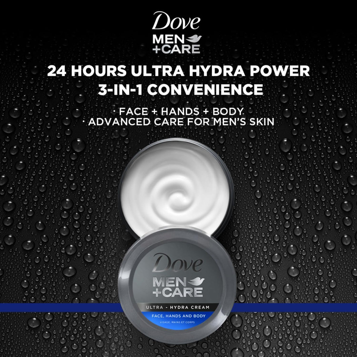 Dove Men+Care jar on bathroom shelf lifestyle shot showing everyday use