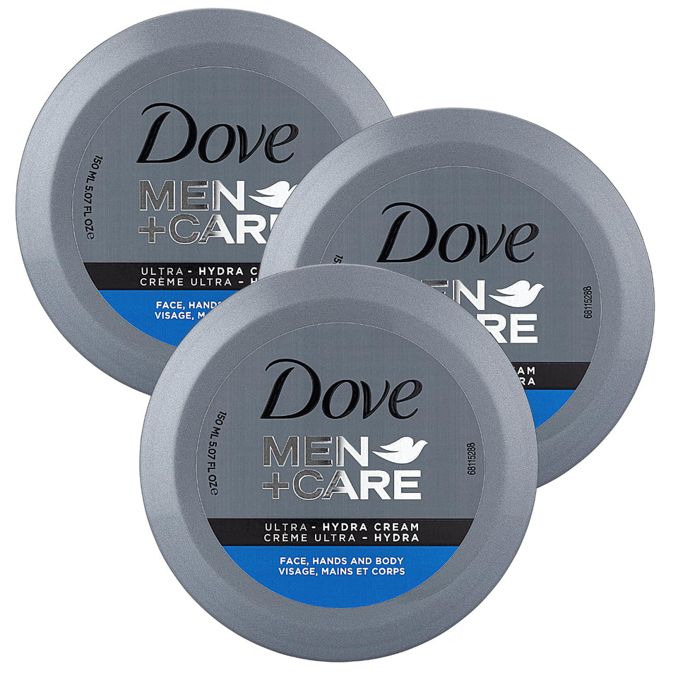 Dove Men+Care jar front view showing product and brand for reliable hydration