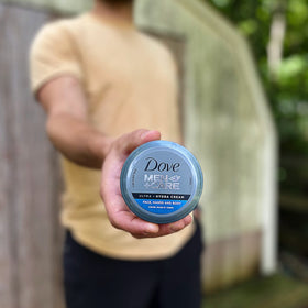 Dove Men+Care jar side label showing ingredients and use benefits