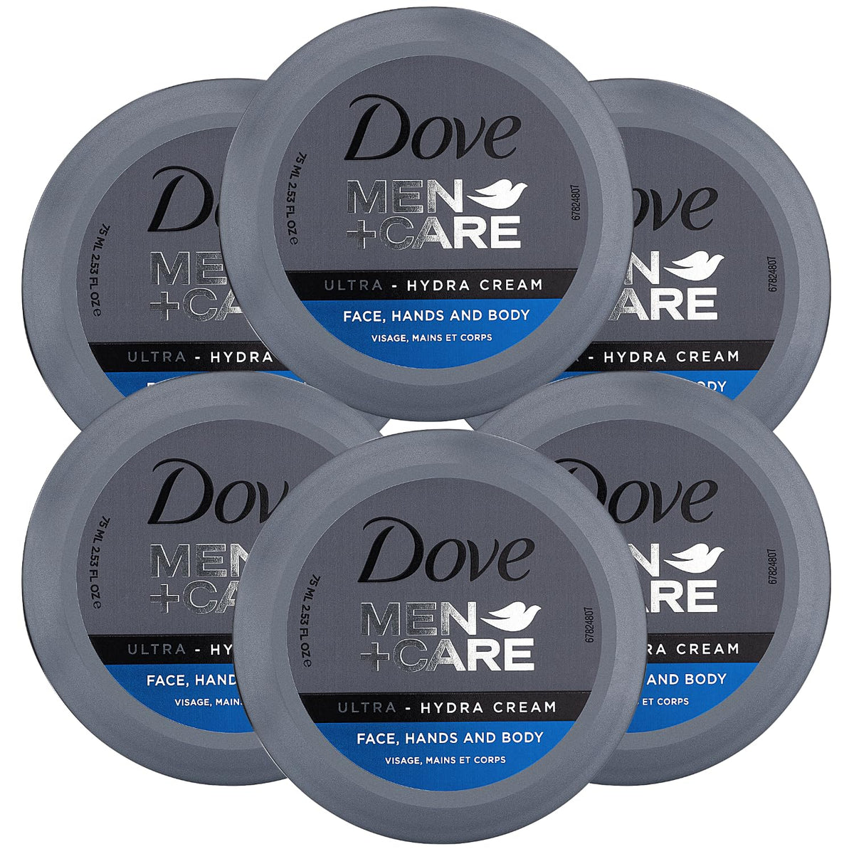 Dove Men+Care front packaging showing six travel-size tubes and clear branding for convenience