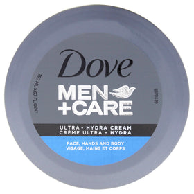Dove Men+Care Ultra-Hydra cream front packaging showing tube and label for easy identification and quick use