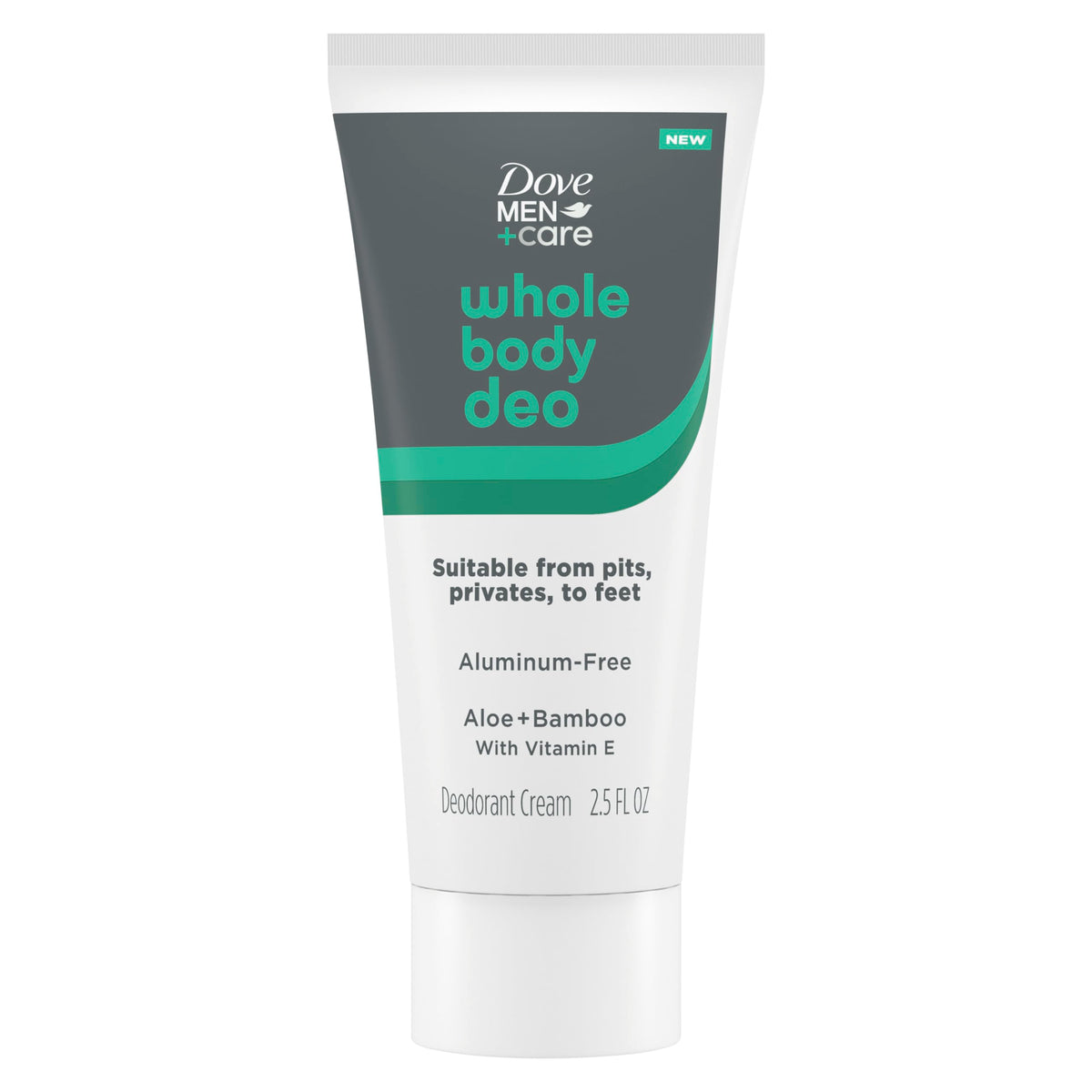 Dove Men+Care front packaging showing compact 2.5 fl oz tube and scent benefit