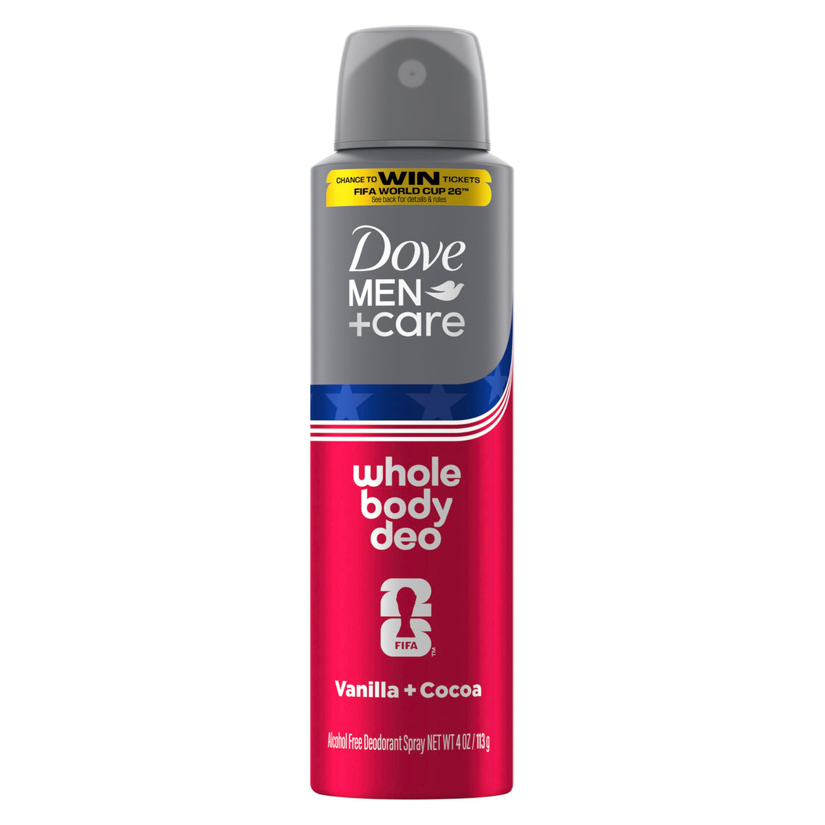 DOVE MEN + CARE front packaging showing whole body deo benefits and limited‑edition design